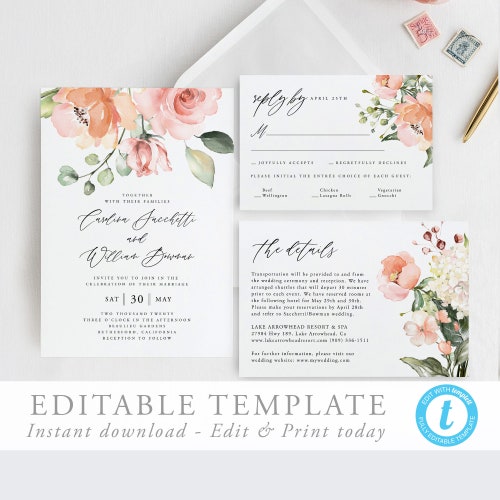 Coral Floral Wedding Invitation Complete Collection Editable - Etsy