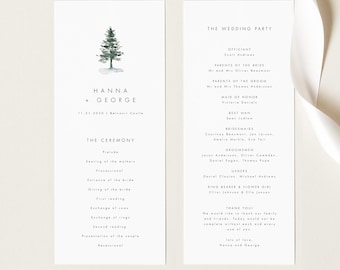 May include: Wedding ceremony programme with a watercolour illustration of a pine tree. The programme lists the order of events for the ceremony, including the seating of the mothers, processional, and recessional. It also includes the names of the wedding party members, such as the officiant, maid of honour, best man, bridesmaids, and groomsmen.