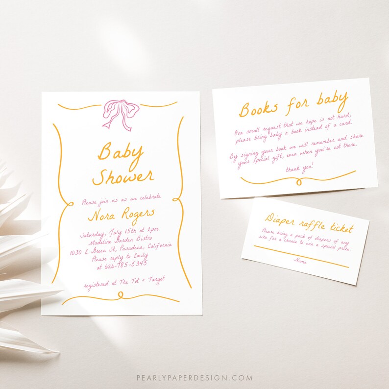 May include: A pink and gold baby shower invitation with a pink bow. The invitation includes the text "Baby Shower" and the name "Nora Rogers". The invitation also includes the date, time, and location of the shower. There are two additional cards, one for a book request and one for a diaper raffle.