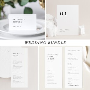 May include: Wedding stationery bundle with a white background. The bundle includes a table number card, a menu card, a wedding programme, and a wedding party card. The text on the cards is in a simple, modern font.