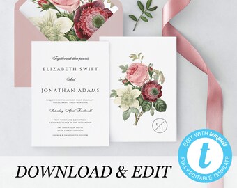 Marsala Wedding invitation template, Templett botanical flowers, simple invitation Wedding DIY Printable invitation, instant download