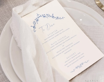 Blue Floral Menu Template Download, Toile Wedding Menu Templett, Vintage Botanical Menu, Printable Menu, DIY Wedding Menu #077