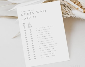 He Said She Said Game, Guess Who Said It Bridal Game Template, Minimalist Bridal Shower Game, Printable Shower game #B21