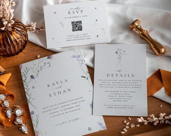 Wildflower Wedding Invitation Set Template, Floral Wedding Invitation Suite with QR Code, Wedding Invitation Suite, Boho Wedding Invite #073