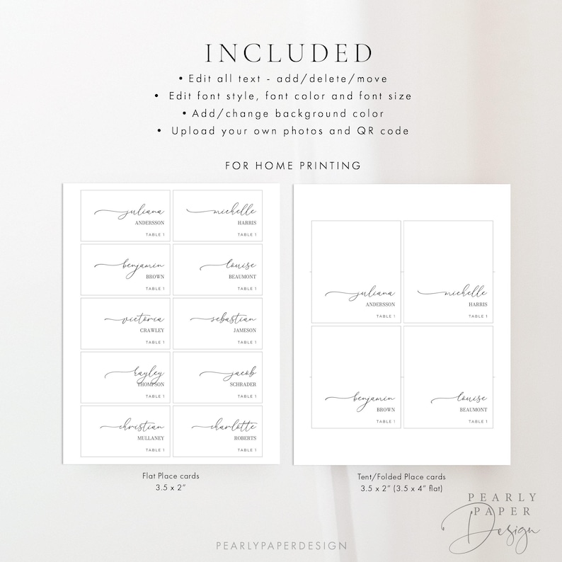 May include: White place cards with elegant calligraphy names and table numbers. Includes flat and tent-folded card options. Text on the cards includes "Juliane", "Michelle", "Benjamin", "Louise", "Victoria", "Sebastian", "Hayley", "Jacob", "Christian", and "Charlotte".
