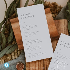 Modèle de menu élégant à télécharger marque-place Menu de mariage moderne Cartes de menu modernes Menu modifiable mariage Templett #21