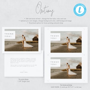 Puede incluir: Una plantilla de tarjeta de agradecimiento de boda imprimible con una foto de una pareja en la playa. El texto de la tarjeta dice "&iexcl;Gracias!" y la tarjeta es personalizable con diferentes fuentes, colores e im&aacute;genes.
