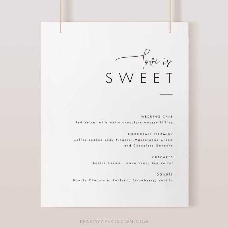Puede incluir: Un men&uacute; de postres de boda con el texto "Love is Sweet" en la parte superior. El men&uacute; enumera los siguientes postres: Pastel de boda, Tiramis&uacute; de chocolate, Cupcakes y Donuts. El pastel de boda se describe como Red Velvet con relleno de mousse de chocolate blanco. El Tiramis&uacute; de chocolate se describe como Dedos de dama empapados en caf&eacute;, Crema Mascarpone y Ganache de chocolate. Los Cupcakes se describen como Boston Cream, Lemon Drop y Red Velvet. Los Donuts se describen como Double Chocolate, Funfetti, Strawberry y Vanilla.