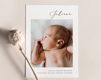 May include: A newborn baby announcement card with a photo of a baby girl. The card is white with black text that reads "Juliana Courtney Bradshaw" and "3.04.2020 | 8:24 AM | 7 LBS 9OZ | 20 INCHES".