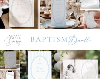 Blue Stripe Baptism Bundle with Invitation, Welcome Sign, Menu, Boy Christening Signage, Editable Canva Template (Digital Download)