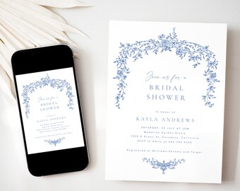 Blue Floral Bridal Shower Invitation Template, Vintage Botanical Bridal Shower Invite, Toile Printable Shower Invite, Templett #077