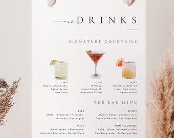Szablon menu baru do wydrukowania Podpis koktajli Znak do pobrania Elegancki znak baru weselnego Nowoczesny znak Znak podpisu drinka Templett #ISSA