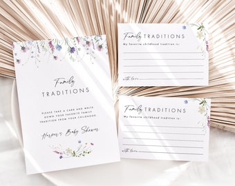 Cartello e biglietto "Tradizioni di famiglia", modello di gioco per baby shower floreale, tradizioni infantili con fiori di campo, gioco modificabile per baby shower n. 081