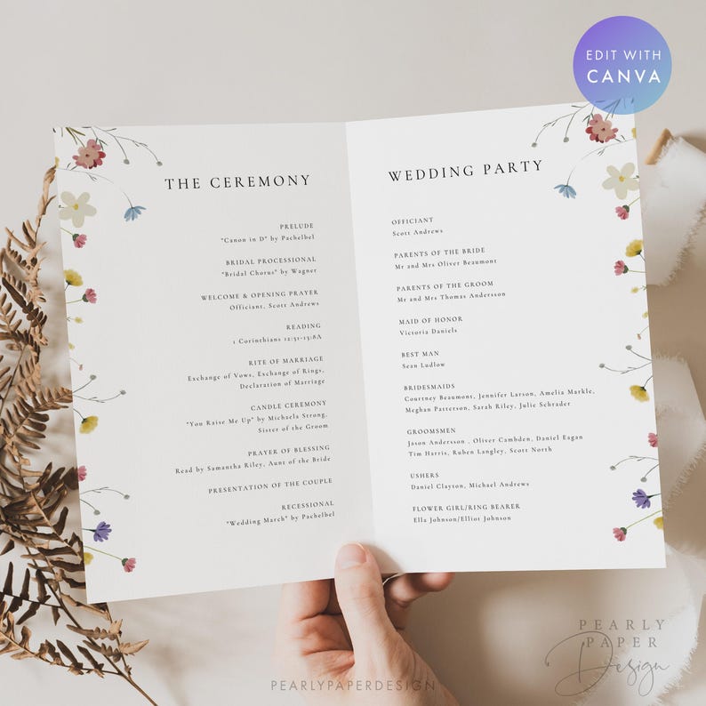 Floral Wedding Program Booklet Template, Wildflower Wedding Ceremony ...