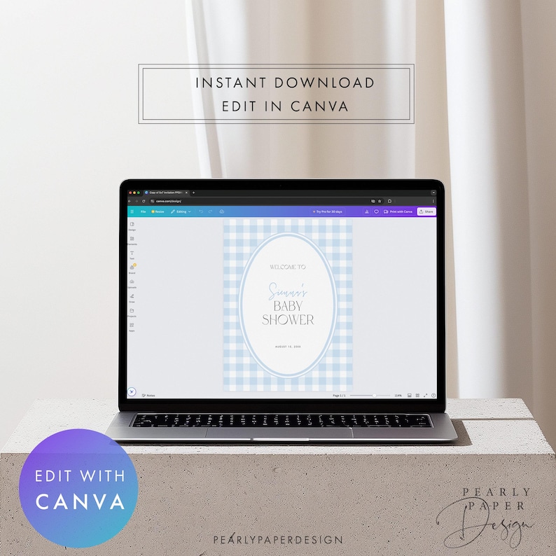 May include: A laptop displays a baby shower invitation design. The invitation features a blue and white gingham pattern with an oval frame. Text includes "Welcome to [Name]'s Baby Shower" and "Edit with Canva."