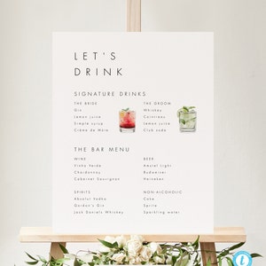 Modèle de menu de bar imprimable Signature Cocktails Sign à télécharger Panneau élégant pour bar de mariage Panneau moderne Signature pour boisson Templett #21