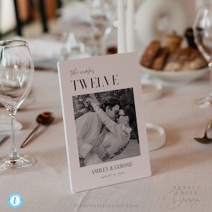 Modello di numeri di tavolo per foto, numero di tavolo per foto di matrimonio moderno, cartellini da tavolo stampabili, numero di tavolo con foto modificabile, Templett #059