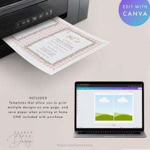 May include: A printer is shown with a printed invitation design. The invitation features a pink gingham border, floral accents, and the text "Silly Goose." A laptop displays a design interface. The image includes the text "Edit with Canva."