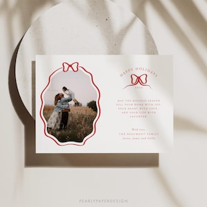 Happy Holidays-kaart met strik, kerstkaartsjabloon met strik met foto, Coquette kerstfotokaart, kerstkaart met lint, Templett