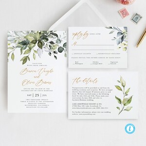 May include: A wedding invitation suite with a leafy green watercolor design. The invitation features the couple's names, "Bianca Vaughn and Oliver Bussow", the date "Sat 25 Jul", and the location "Beaulieu Gardens, Rutherford, California". The RSVP card includes a choice of entrees: beef wellington, chicken lasagna rolls, or vegetarian gnocchi.