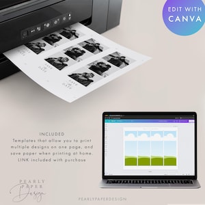 Puede incluir: Una impresora negra imprime una hoja de papel con fotos en blanco y negro y el texto "SAVE THE DATE". Un port&aacute;til muestra una plantilla de dise&ntilde;o. La imagen incluye el texto "EDIT WITH CANVA" y "PEARLY PAPER DESIGN".