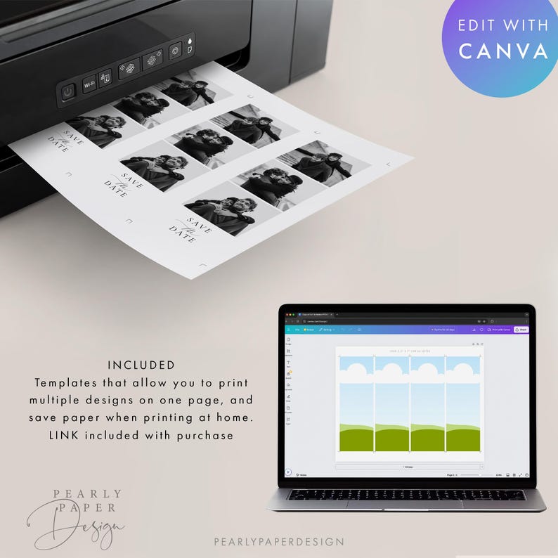 Puede incluir: Una impresora negra imprime una hoja de papel con fotos en blanco y negro y el texto "SAVE THE DATE". Un port&aacute;til muestra una plantilla de dise&ntilde;o. La imagen incluye el texto "EDIT WITH CANVA" y "PEARLY PAPER DESIGN".