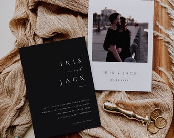 May include: Black and white wedding invitation with a minimalist design. The invitation features the names "Iris and Jack" and the wedding date "09.25.2023".