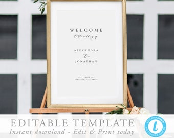 May include: A printable wedding welcome sign template with a gold frame. The text reads "Welcome to the wedding of Alexandra & Jonathan 8 September 2018 Yountville, California".