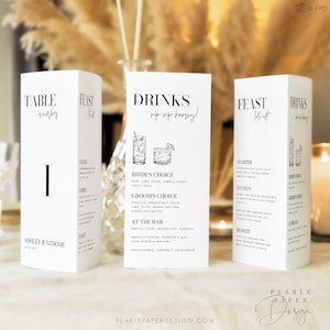 Trifold Table Number With Cocktails, Modern Wedding Menu Template, Printable Trifold Menu, Trifold Table Numbers, Templett #059