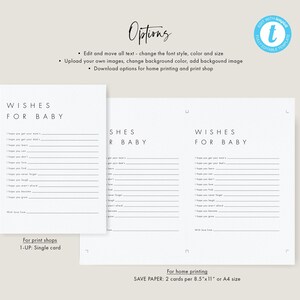 Puede incluir: Una tarjeta de baby shower imprimible con el texto "Wishes for Baby" y una lista de deseos para el beb&eacute;. La tarjeta est&aacute; dise&ntilde;ada para imprimir en casa y se puede imprimir en papel tama&ntilde;o A4.