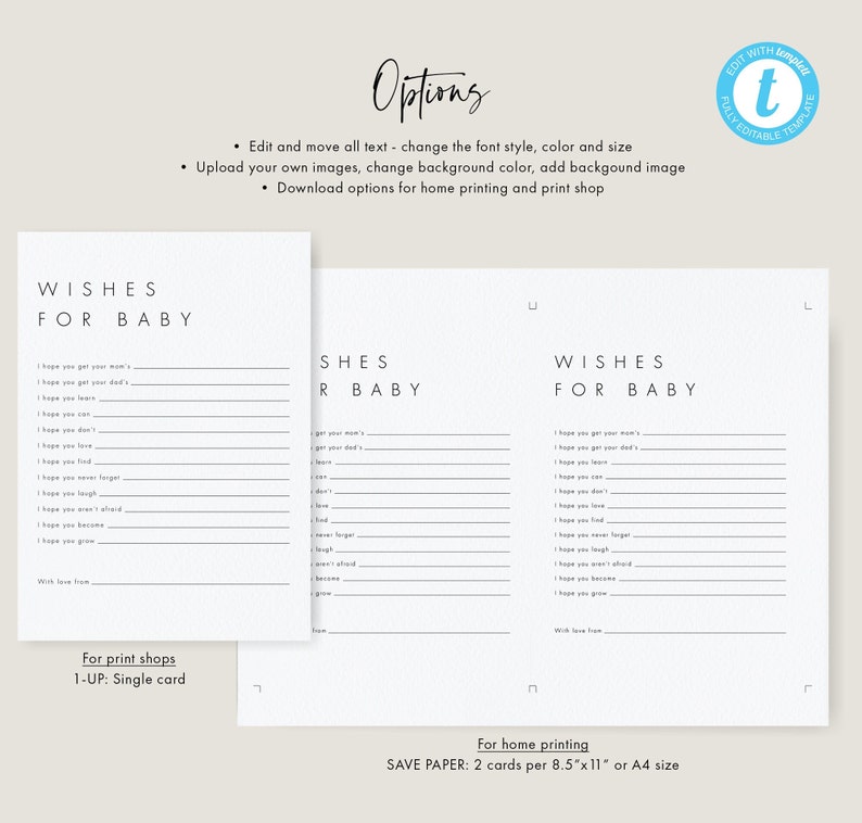 Puede incluir: Una tarjeta de baby shower imprimible con el texto "Wishes for Baby" y una lista de deseos para el beb&eacute;. La tarjeta est&aacute; dise&ntilde;ada para imprimir en casa y se puede imprimir en papel tama&ntilde;o A4.