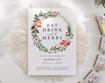 Może przedstawiać: Zaproszenie na kolację wigilijną z akwarelowym wieńcem z ostrokrzewu, jagód i poinsecji. Tekst brzmi "Eat Drink and be Merry" z datą i godziną wydarzenia poniżej.