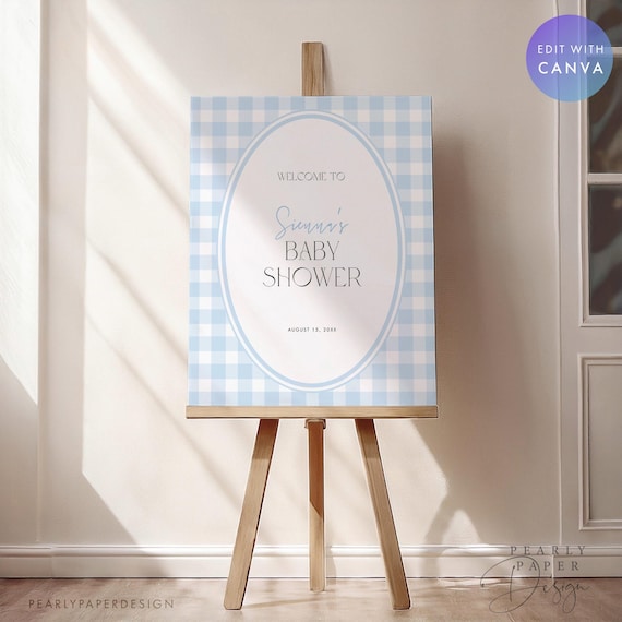 Blue Gingham Baby Shower Welcome Sign: Plaid Poster, Canva Template (Digital Download) #GH2506
