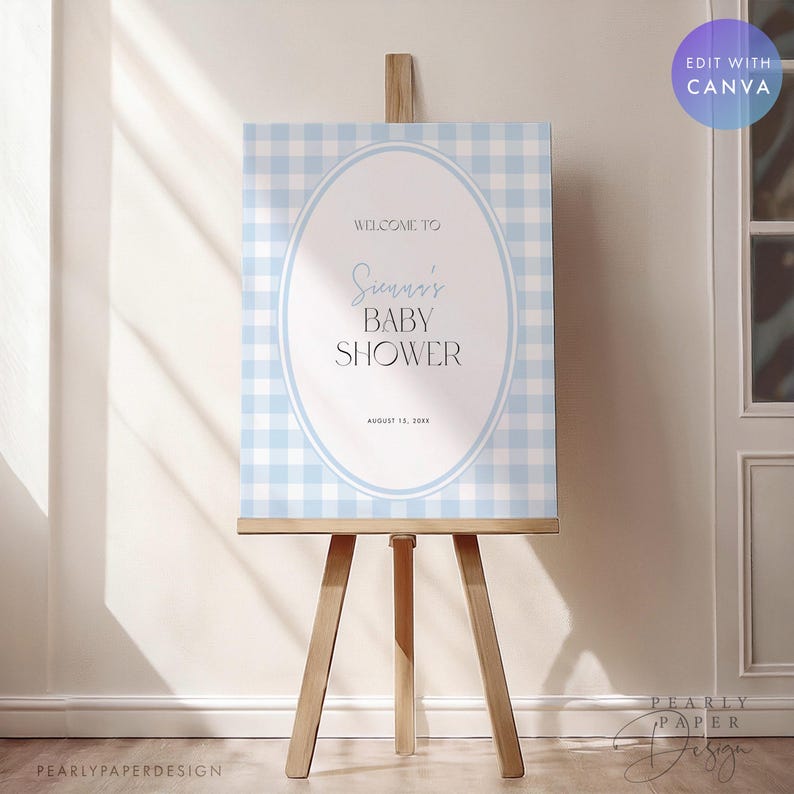 Blue Gingham Baby Shower Welcome Sign Template, Blue Baby Shower Sign
