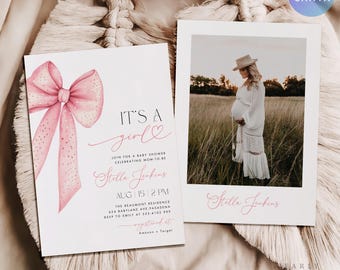 Invito per baby shower "Pink Coquette", modello per invito per baby shower "It's a Girl", invito per baby shower con fiocco rosa, modifica in Canva #PCB2508