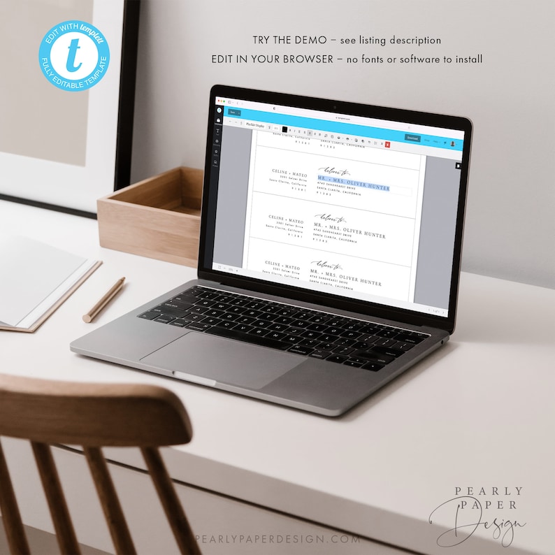 May include: A laptop computer displaying a wedding table card template on the screen. The template is for a wedding reception and includes the text "Welcome to Mr. & Mrs. Oliver Hunter".
