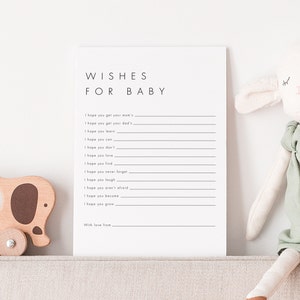 Puede incluir: Una tarjeta imprimible con el texto "WISHES FOR BABY" y una lista de deseos para un beb&eacute; reci&eacute;n nacido, como "Espero que tengas el [car&aacute;cter] de tu madre", "Espero que tengas el [car&aacute;cter] de tu padre", "Espero que aprendas", "Espero que puedas", "Espero que no hagas", "Espero que ames", "Espero que encuentres", "Espero que nunca olvides", "Espero que te r&iacute;as", "Espero que no tengas miedo", "Espero que te conviertas", "Espero que crezcas" y "Con amor de".