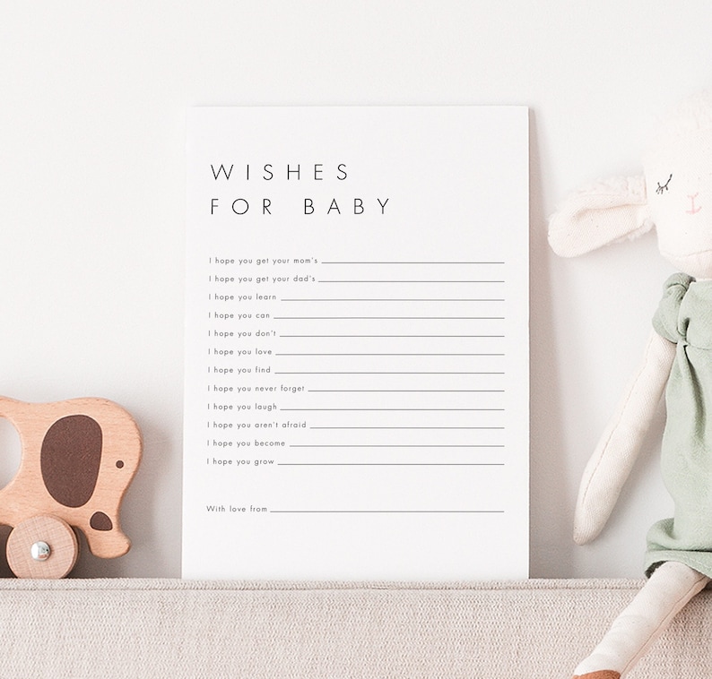 Puede incluir: Una tarjeta imprimible con el texto "WISHES FOR BABY" y una lista de deseos para un beb&eacute; reci&eacute;n nacido, como "Espero que tengas el [car&aacute;cter] de tu madre", "Espero que tengas el [car&aacute;cter] de tu padre", "Espero que aprendas", "Espero que puedas", "Espero que no hagas", "Espero que ames", "Espero que encuentres", "Espero que nunca olvides", "Espero que te r&iacute;as", "Espero que no tengas miedo", "Espero que te conviertas", "Espero que crezcas" y "Con amor de".