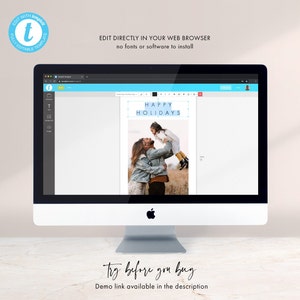 May include: A computer screen displaying a website with a customizable holiday card template. The template features a photo of a family and the text "HAPPY HOLIDAYS".