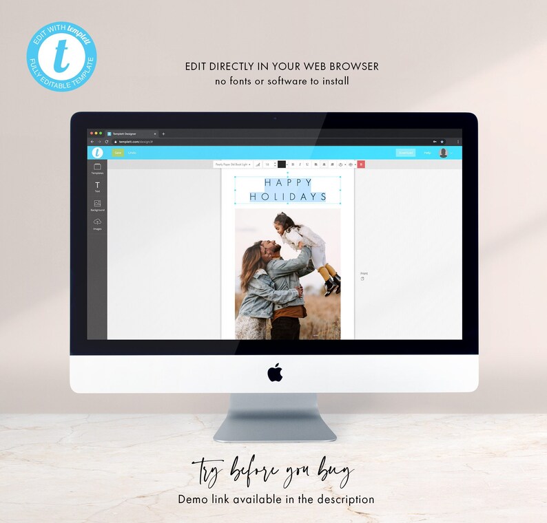 May include: A computer screen displaying a website with a customizable holiday card template. The template features a photo of a family and the text "HAPPY HOLIDAYS".