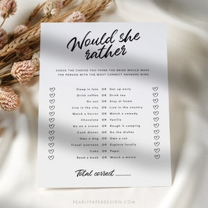 Would She Rather Bridal Game Download, Minimalist Bridal Shower Game Template, Printable Bridal Shower Game, Templett #075
