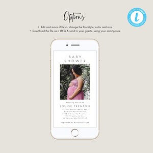 May include: A digital baby shower invitation with a white background and a photo of a pregnant woman in a pink dress. The text reads "Baby Shower" and "Louise Trenton".