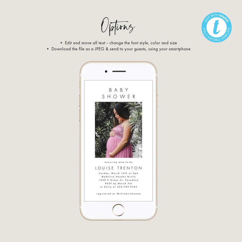 May include: A digital baby shower invitation with a white background and a photo of a pregnant woman in a pink dress. The text reads "Baby Shower" and "Louise Trenton".