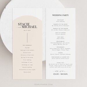 May include: Wedding ceremony program with a peach background and black text. The program lists the order of events for the ceremony, including the prelude, seating of the mothers, processional, entrance of the bride, giving of the bride, first reading, exchange of vows, exchange of rings, second reading, presentation of the couple, and recessional. The program also includes a wedding party list with the names of the officiant, maid of honor, best man, bridesmaids, groomsmen, ushers, ring bearer, and flower girl. The program ends with a thank you message and the couple's names, Stacie and Michael.