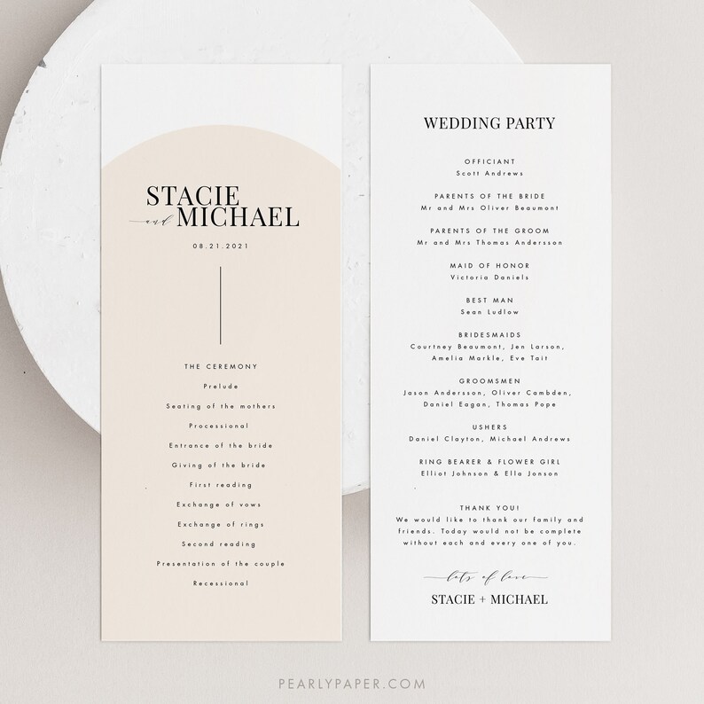 May include: Wedding ceremony program with a peach background and black text. The program lists the order of events for the ceremony, including the prelude, seating of the mothers, processional, entrance of the bride, giving of the bride, first reading, exchange of vows, exchange of rings, second reading, presentation of the couple, and recessional. The program also includes a wedding party list with the names of the officiant, maid of honor, best man, bridesmaids, groomsmen, ushers, ring bearer, and flower girl. The program ends with a thank you message and the couple's names, Stacie and Michael.