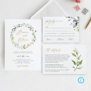 May include: Wedding invitation suite with a watercolor floral design. The invitation features a gold wreath with the names "Diaben and Oliver" in gold script. The RSVP card includes a reply by date of June 25th and options for meal choices. The details card includes the date and time of the wedding, the location, and transportation information.