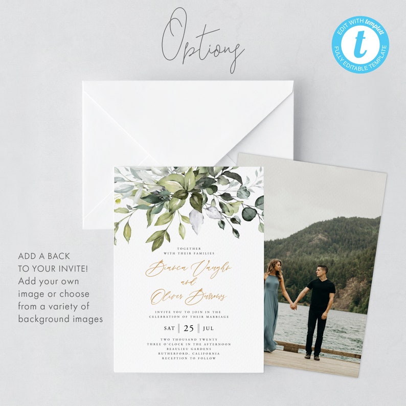 May include: A wedding invitation with a watercolor floral design in shades of green and white. The invitation features the names "Briana Vaughn and Oliver Burress" in gold script. The text reads "Together with their families, invite you to join in the celebration of their marriage, Sat 25 Jul, Two Thousand Twenty Three, Three O'Clock in the Afternoon, Beaulieu Gardens, Rutherford, California, Reception to Follow."