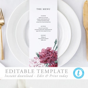 Printable Wedding Menu, Flowers Wedding Menu Template, Floral Menu Cards, Instant Download, Editable Menu, Rustic Wedding Printable 02