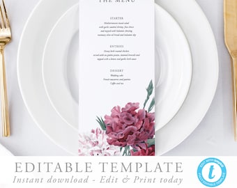 Printable Wedding Menu, Flowers Wedding Menu Template, Floral Menu Cards, Instant Download, Editable Menu, Rustic Wedding Printable 02