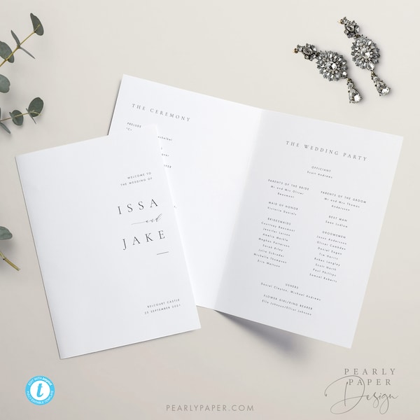 Wedding Program Booklet Template, Elegant Wedding Ceremony Program Minimalist Editable Order of Service Printable Folded Program Events #36